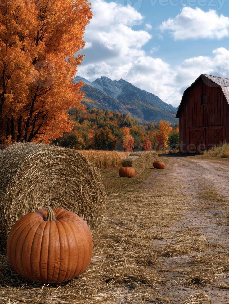 Picturesque autumn scene with pumpkins and hay bales near a red barn in the countryside photo