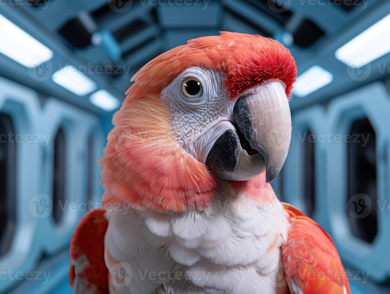 Close up portrait of a vibrant red and peach macaw parrot in a futuristic setting photo