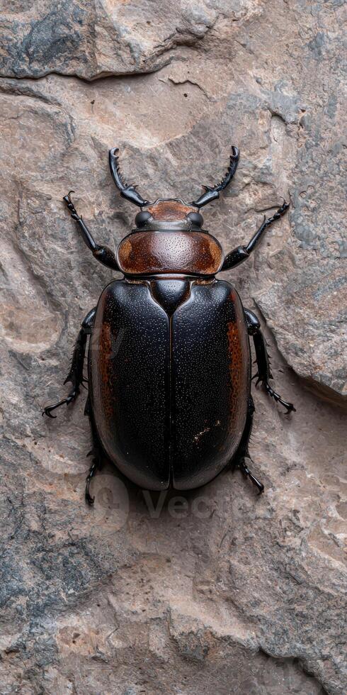Close up of a large black and brown beetle on a rock photo