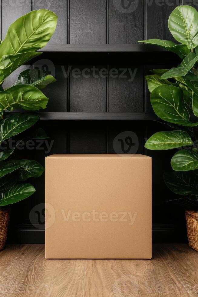 Blank cardboard box on wooden floor with green plants and black shelves in the background photo