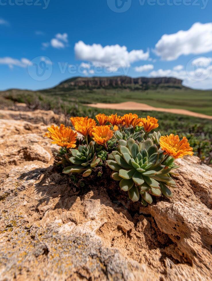 Orange succulent flowers blooming on a rocky outcrop under a bright blue sky photo
