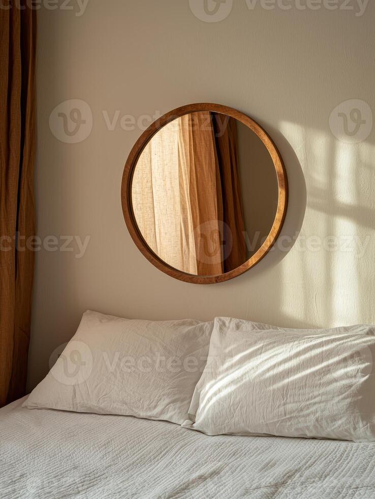 Sunlight streams through linen curtains onto a cozy bed with white pillows and a round wooden mirror photo