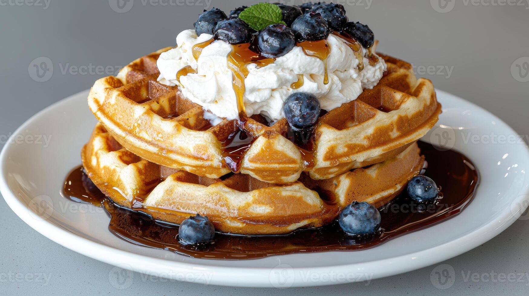 Delicious waffles with blueberries and whipped cream photo
