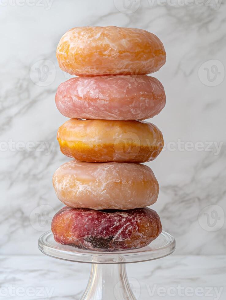 Stack of assorted donuts on a glass cake stand photo