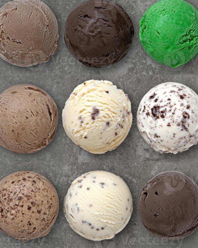 Nine scoops of delicious ice cream in different flavors photo