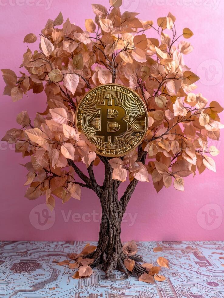 Golden Bitcoin on a tree, growing on a circuit board background photo