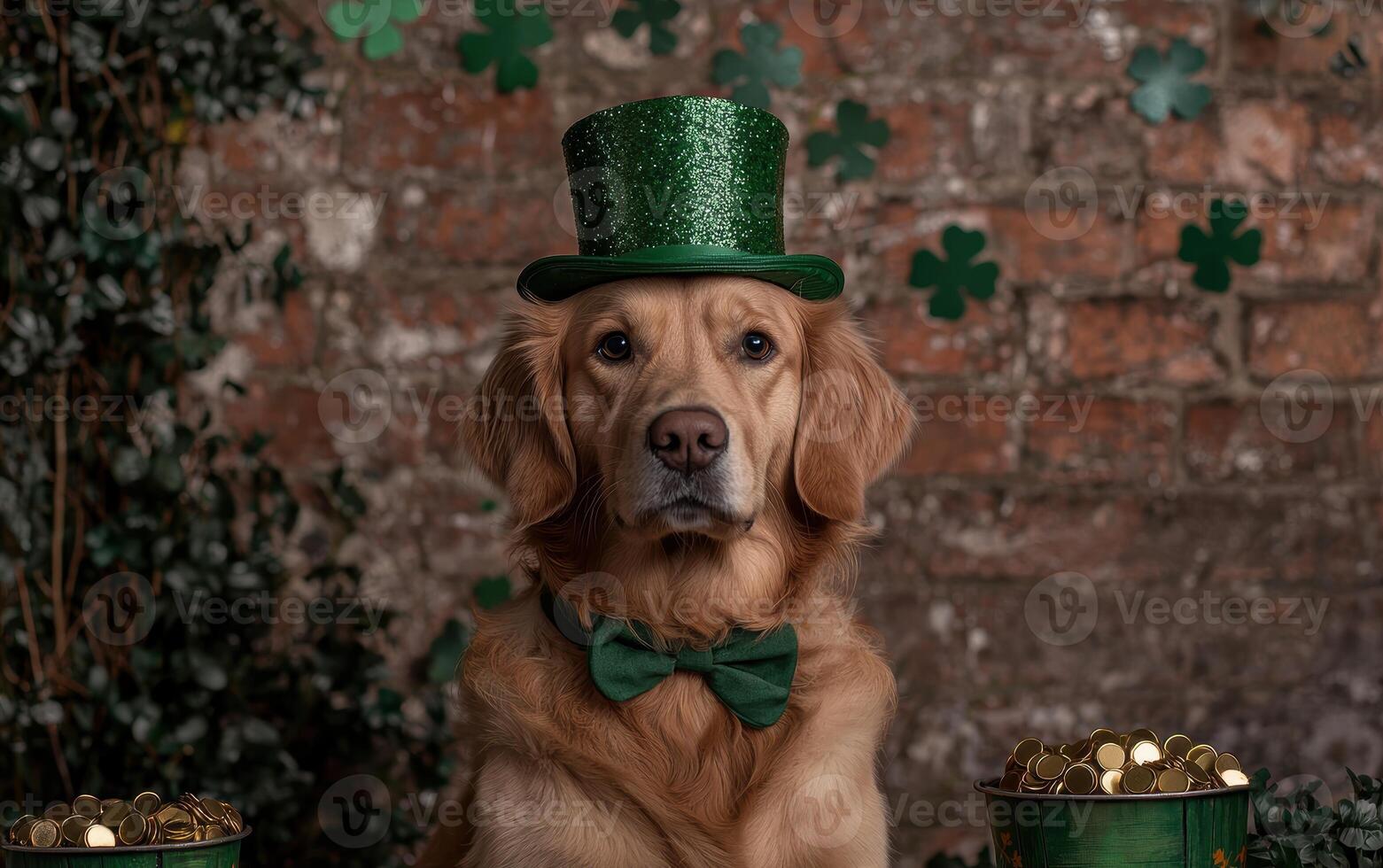 Golden Retriever dog wearing a green top hat and bow tie, surrounded by shamrocks and gold coins for St Patricks Day photo