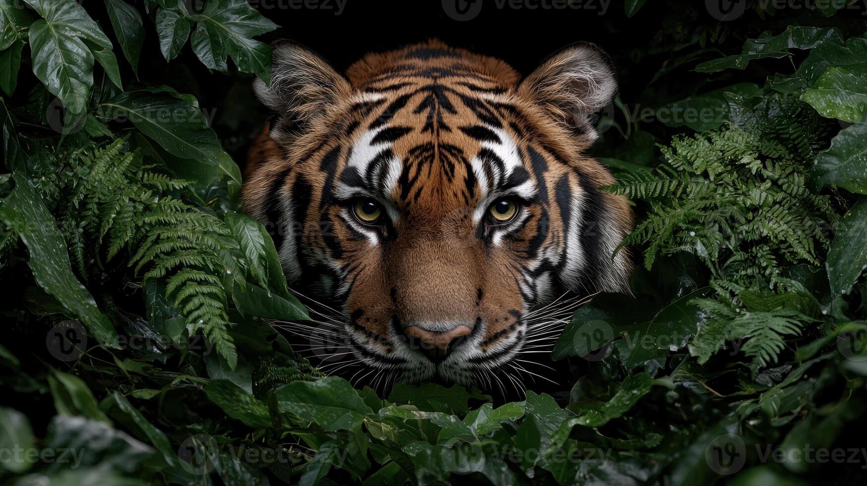 Closeup of a tiger peering from behind lush green foliage photo