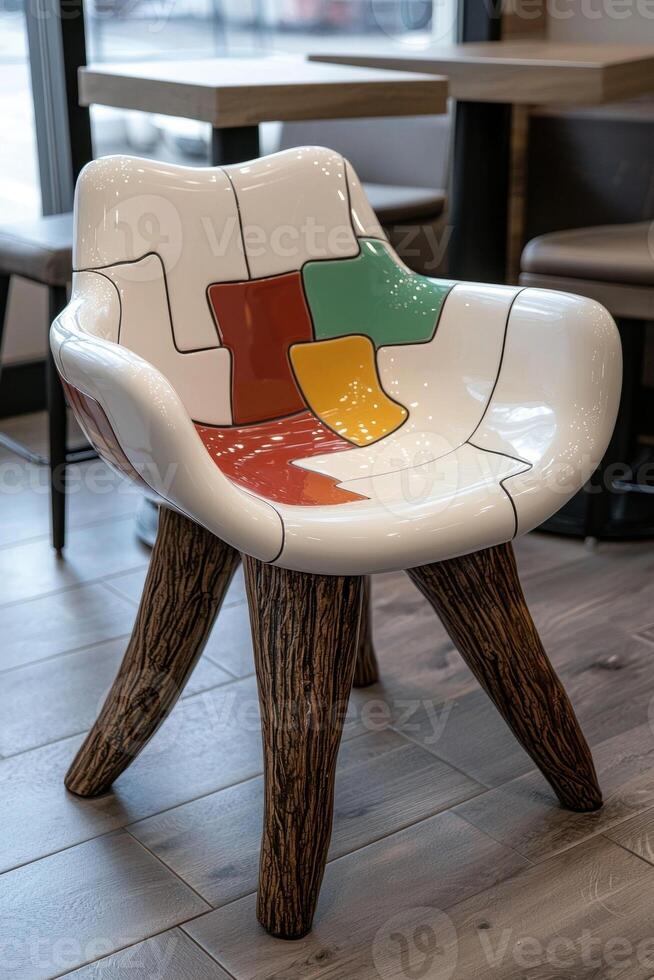 Modern chair with colorful puzzle like design and tree trunk legs photo