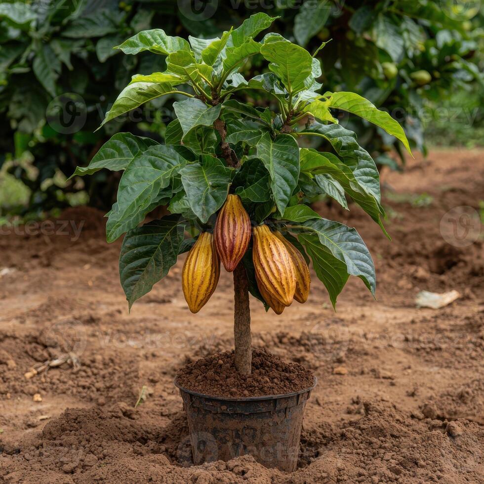 Young cacao tree in a pot with ripe pods photo
