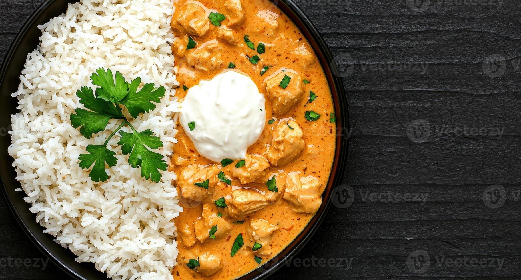 Overhead view of chicken tikka masala with rice and yogurt photo