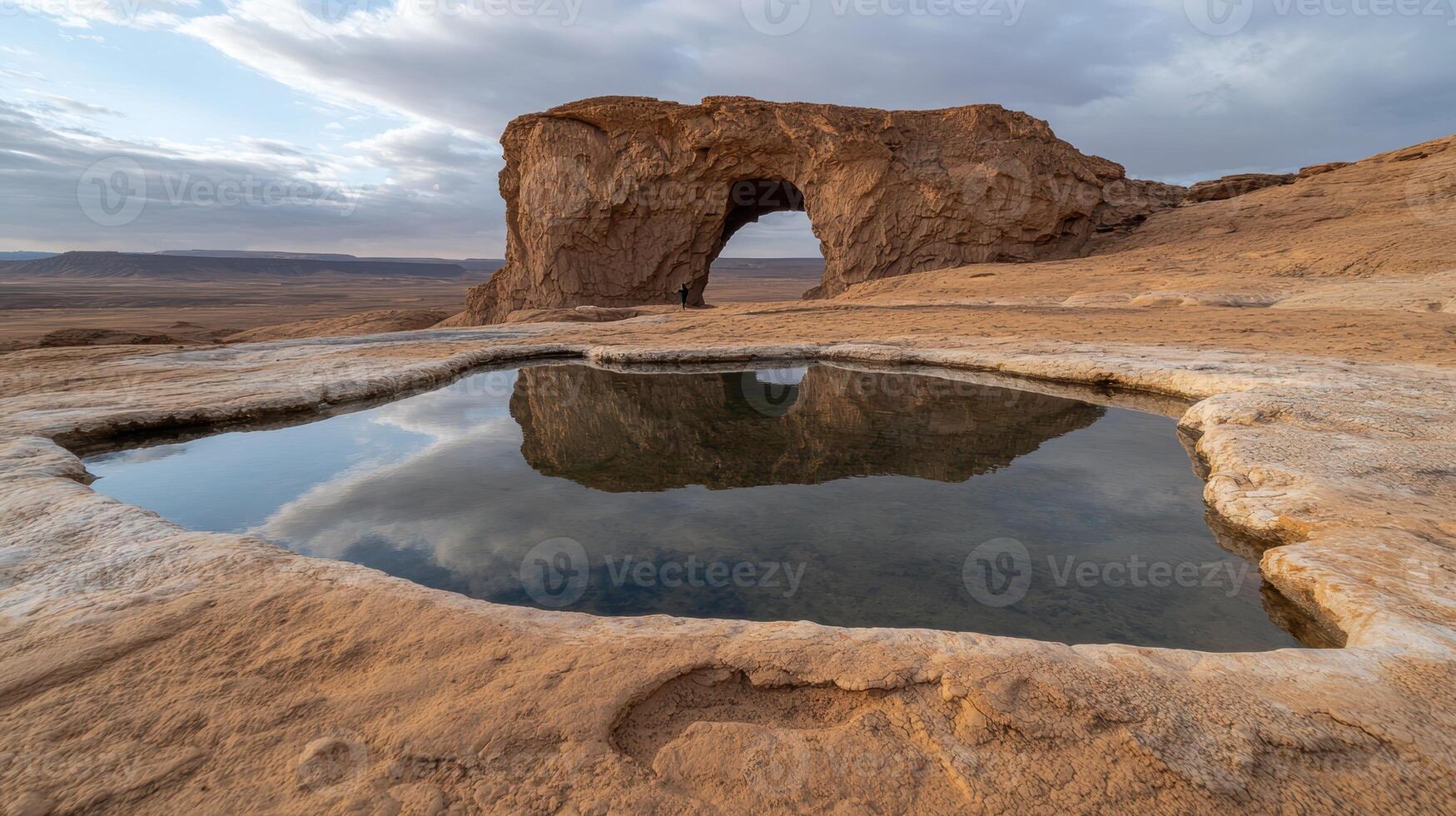 Reflective pool in front of a natural rock arch in a desert landscape photo