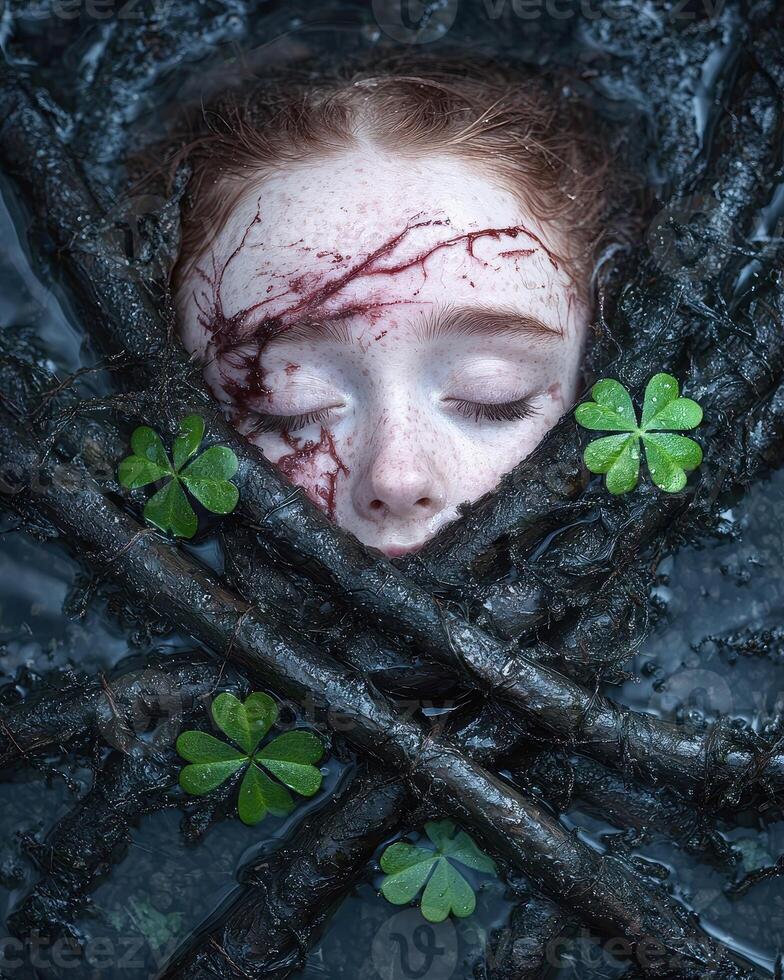 Close up of a girls face with blood, surrounded by sticks and clover photo