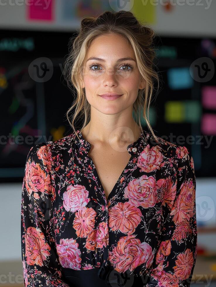 Portrait of a smiling woman wearing a floral blouse photo
