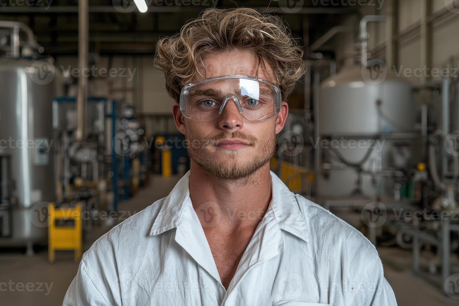 Portrait of a young male scientist in a lab coat and safety glasses, working in a modern industrial facility photo