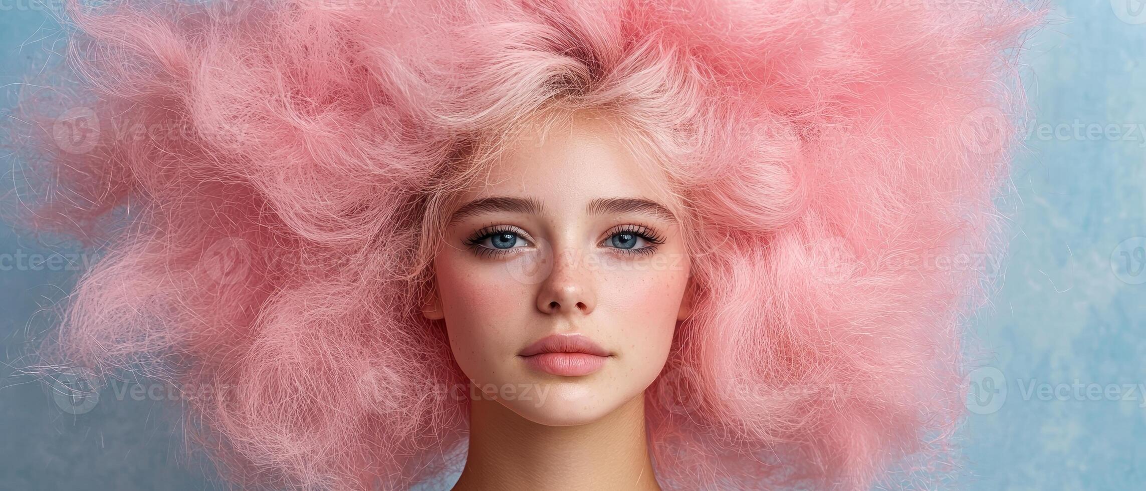 Beautiful young woman with cotton candy pink hair photo