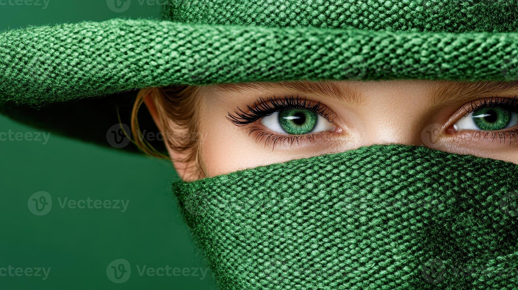 Close up of a womans mysterious green eyes, partially hidden behind a green hat and fabric photo