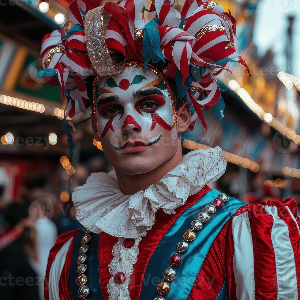 Portrait of a jester in a vibrant costume at a carnival photo