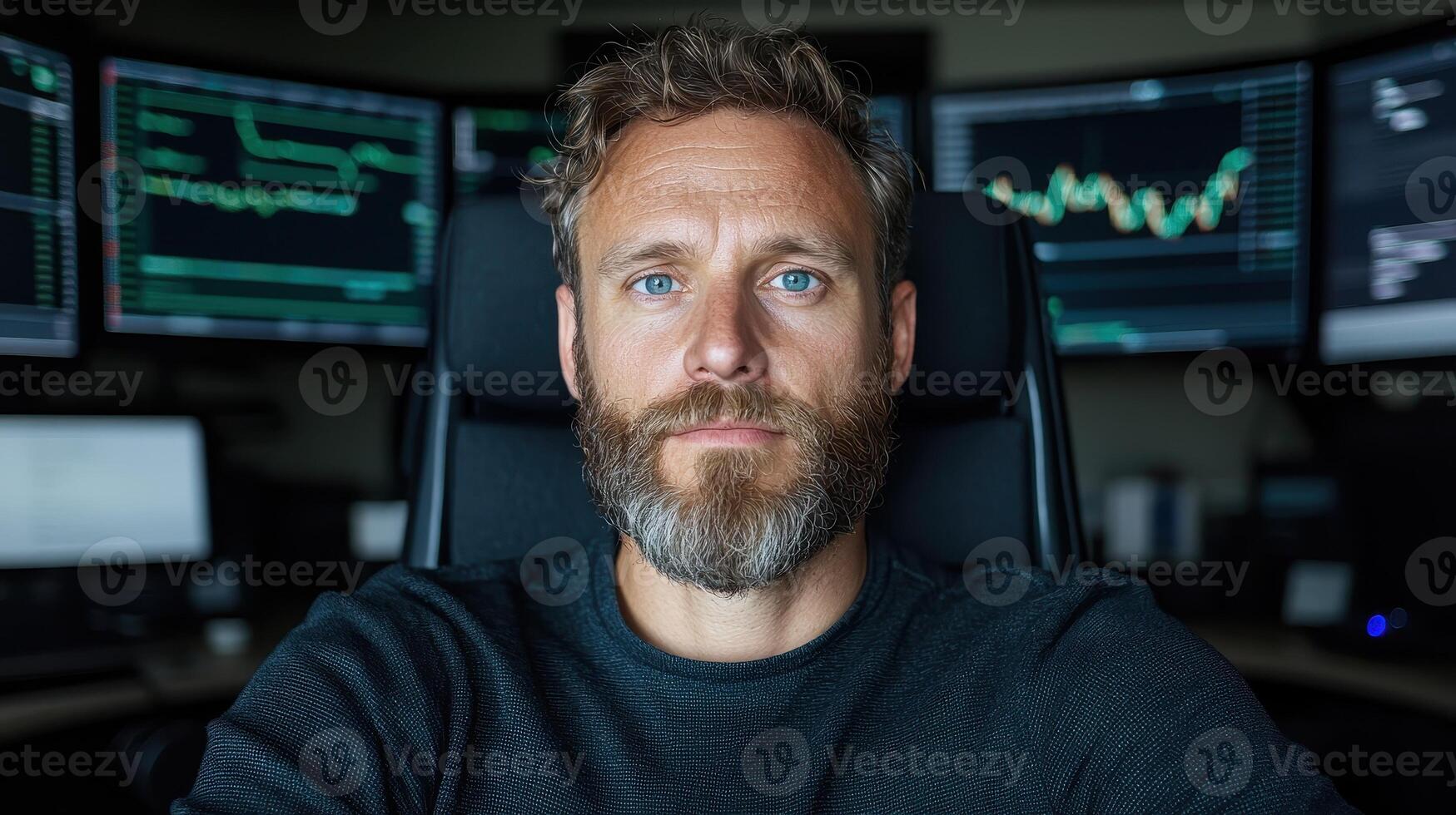 Portrait of a focused businessman in his office, surrounded by multiple computer screens displaying stock market data photo