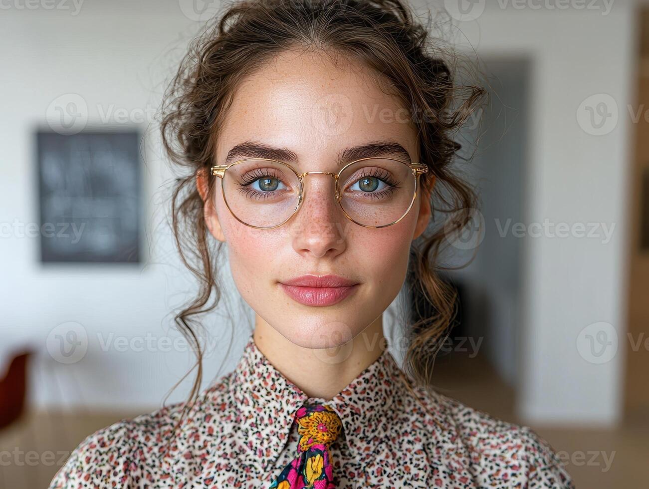 a woman with glasses and a floral shirt photo