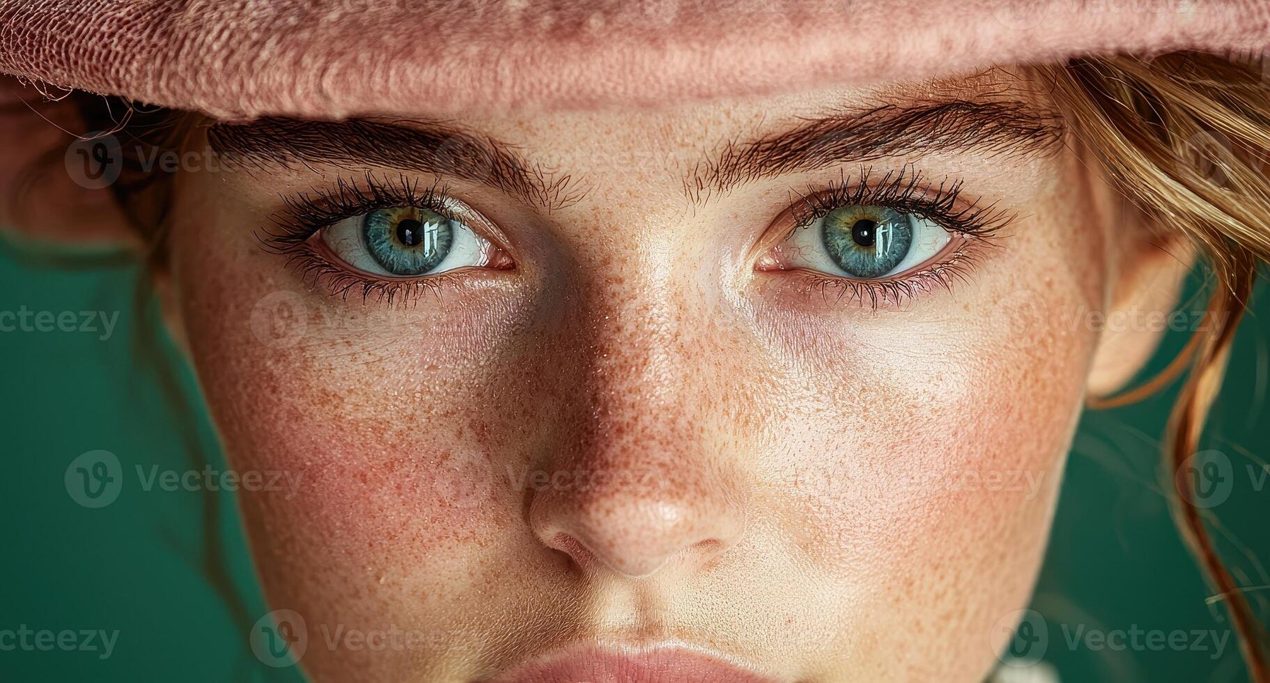 a woman with freckles and a pink hat photo