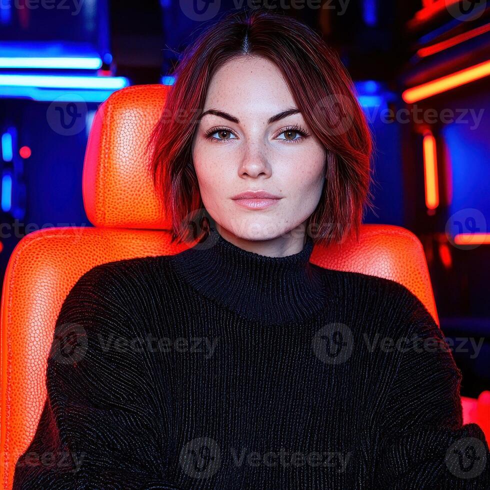 Portrait of a young woman with short red hair, wearing a black turtleneck sweater photo
