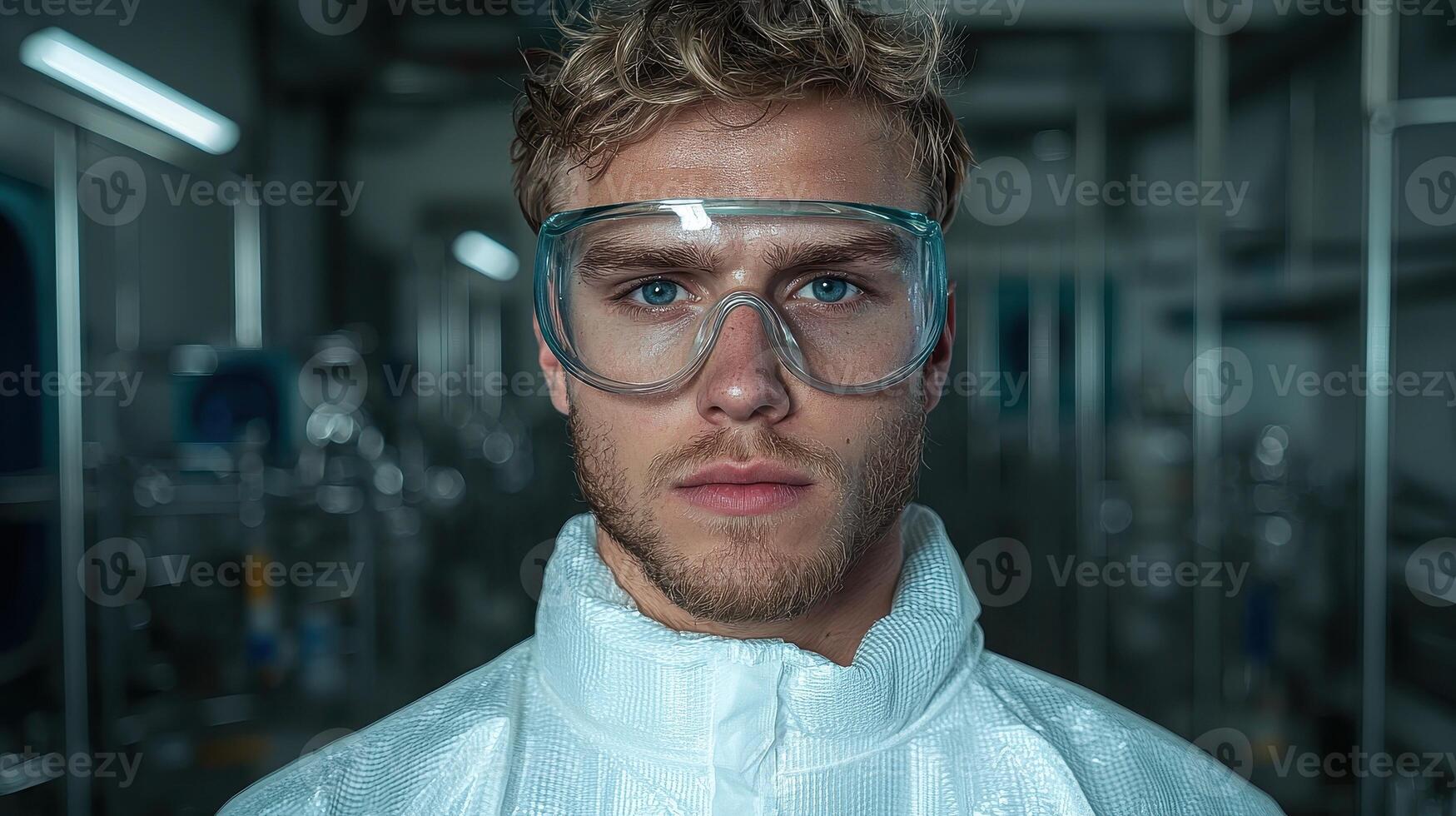 Portrait of a scientist in a lab coat and safety glasses photo