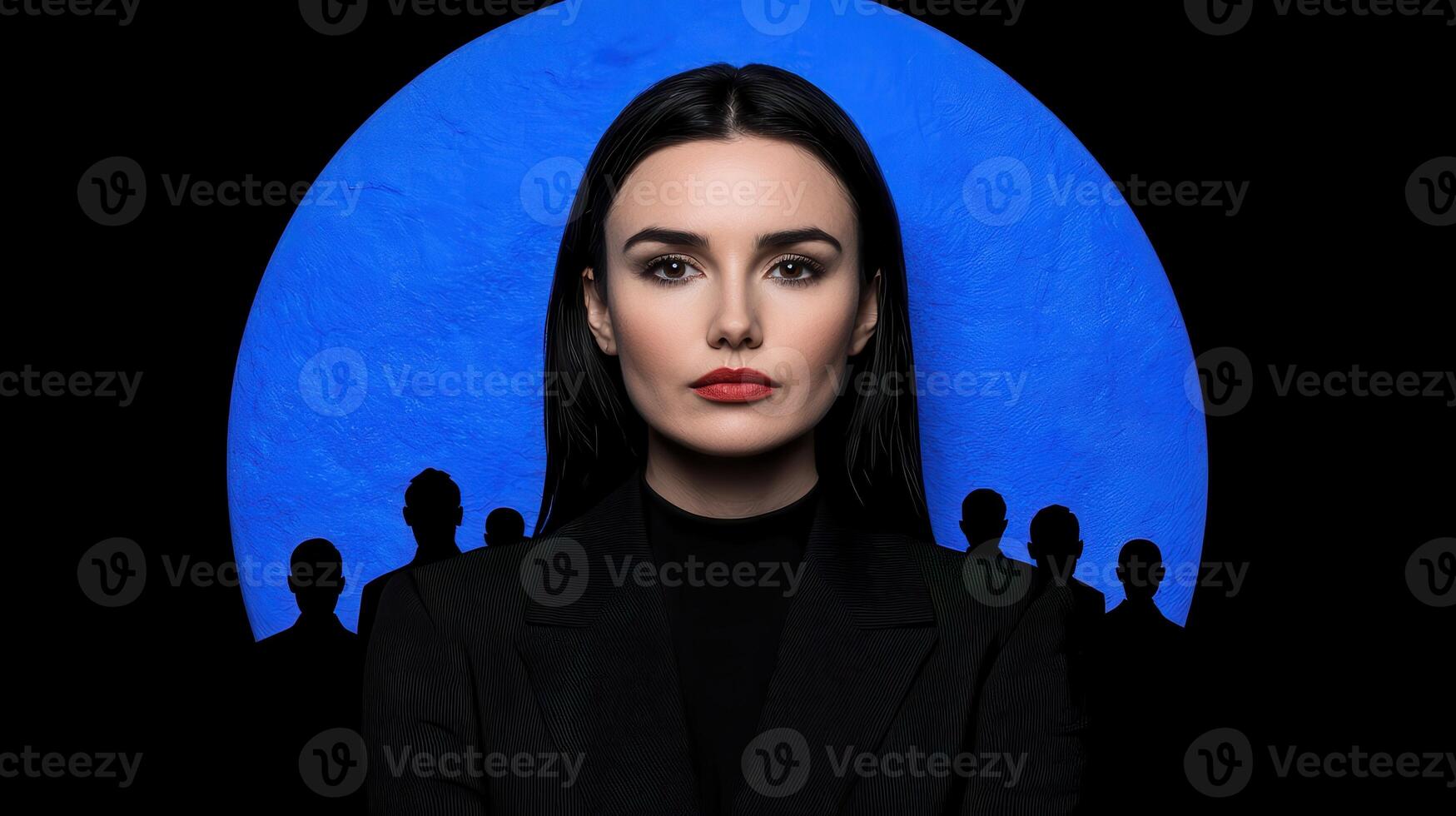 Confident businesswoman standing in front of a blue background photo