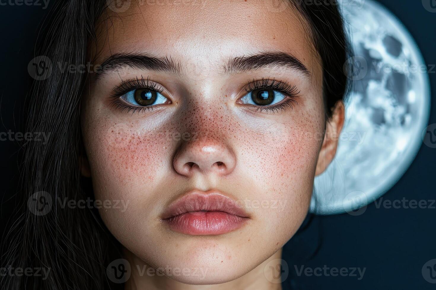 Close up portrait of a young woman with freckles and brown eyes, moon in the background photo