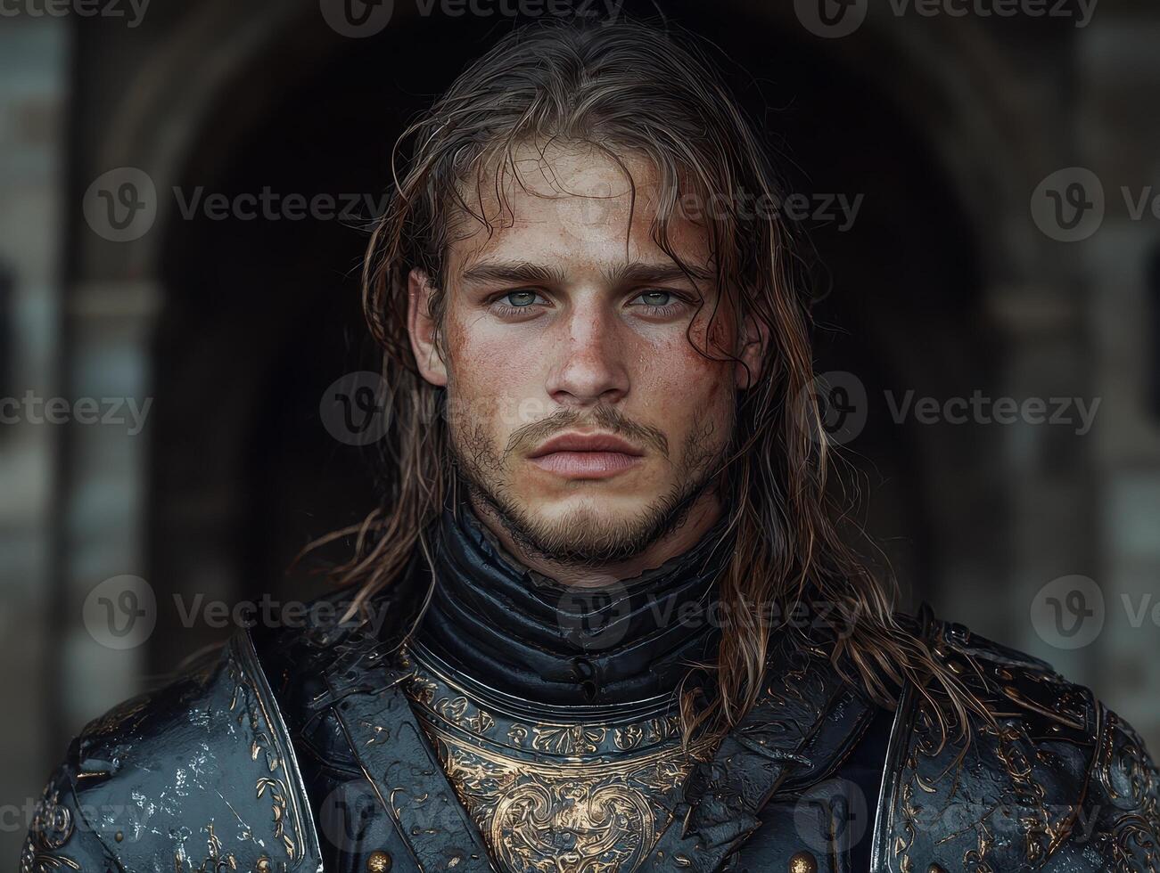 Portrait of a medieval knight in armor photo