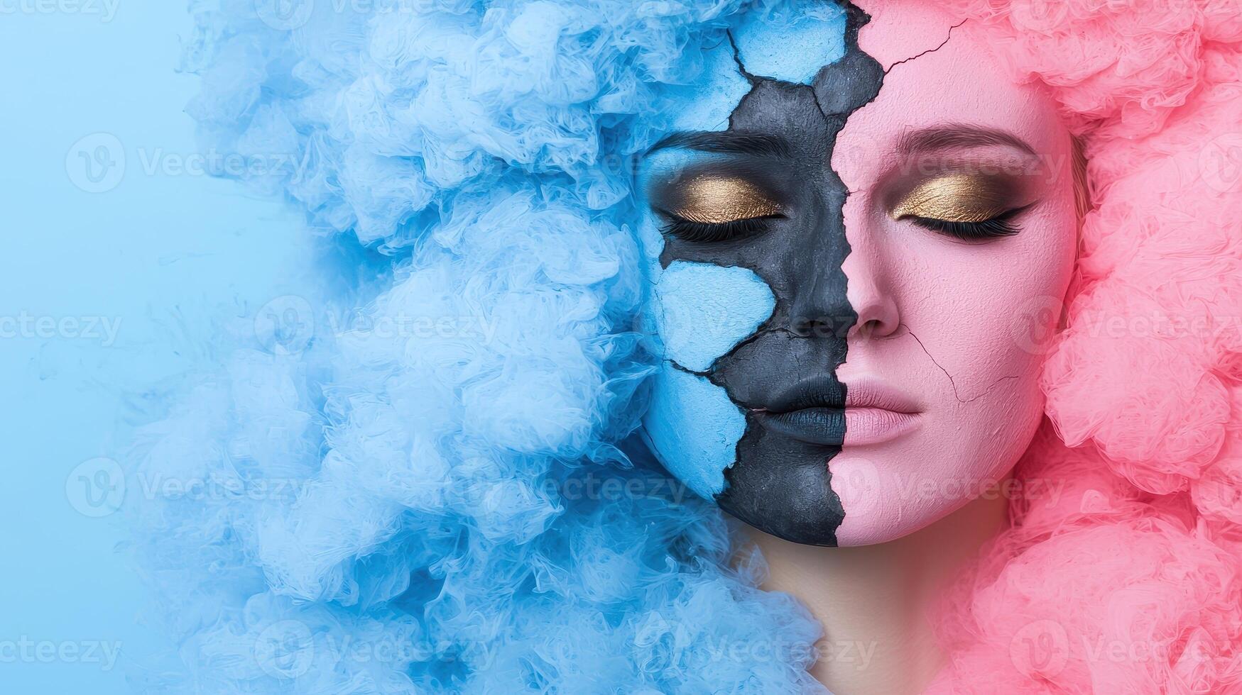 Abstract portrait of a woman with half of her face painted in blue and black, and the other half in pink, surrounded by blue and pink smoke photo