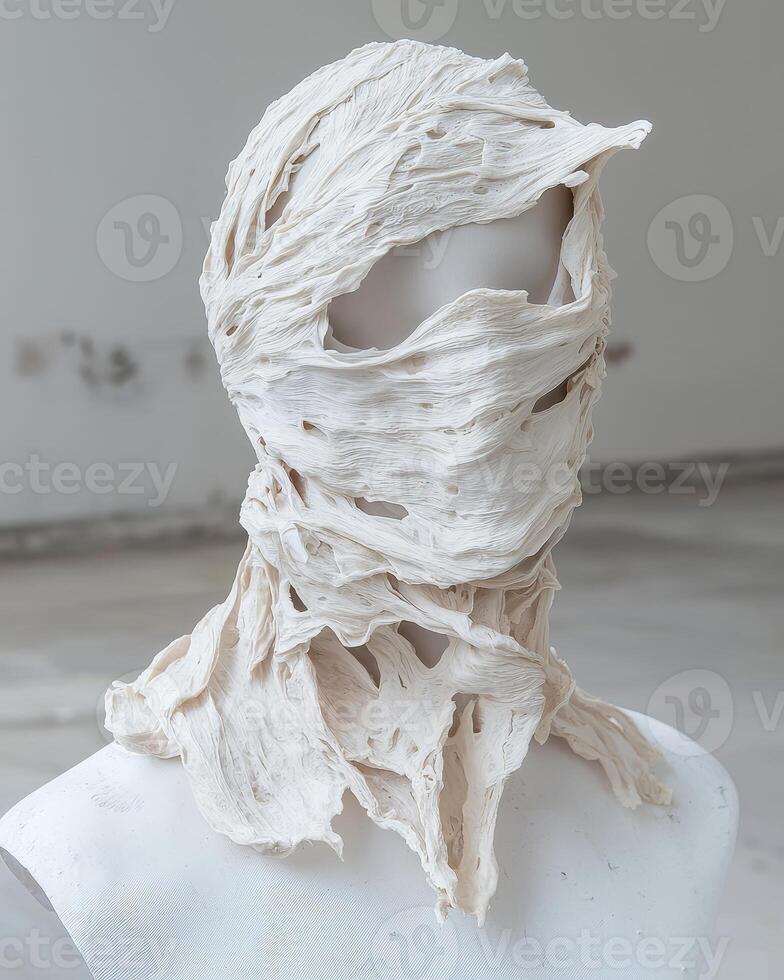 Abstract sculpture of a face covered in textured fabric photo