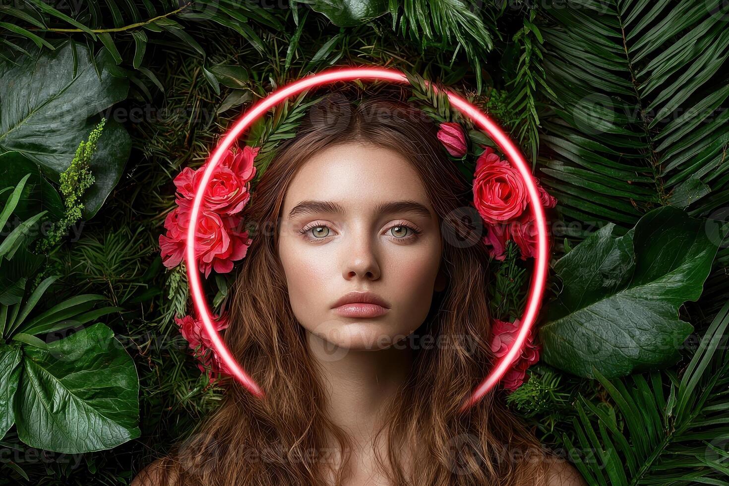 Beautiful woman with flowers in her hair, surrounded by lush greenery photo