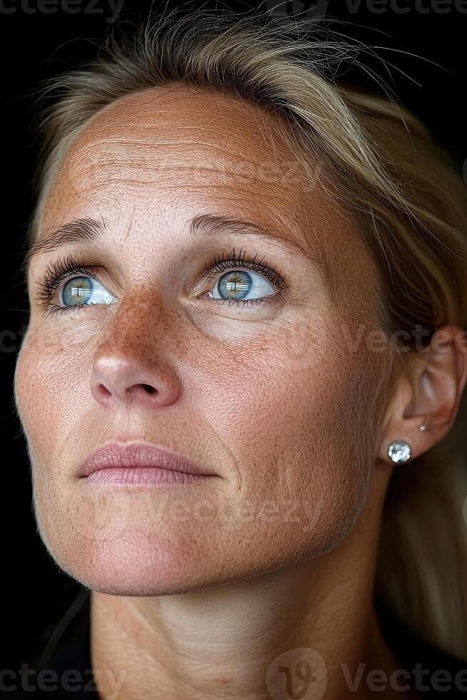 Close up portrait of a woman with freckles and wrinkles looking up photo