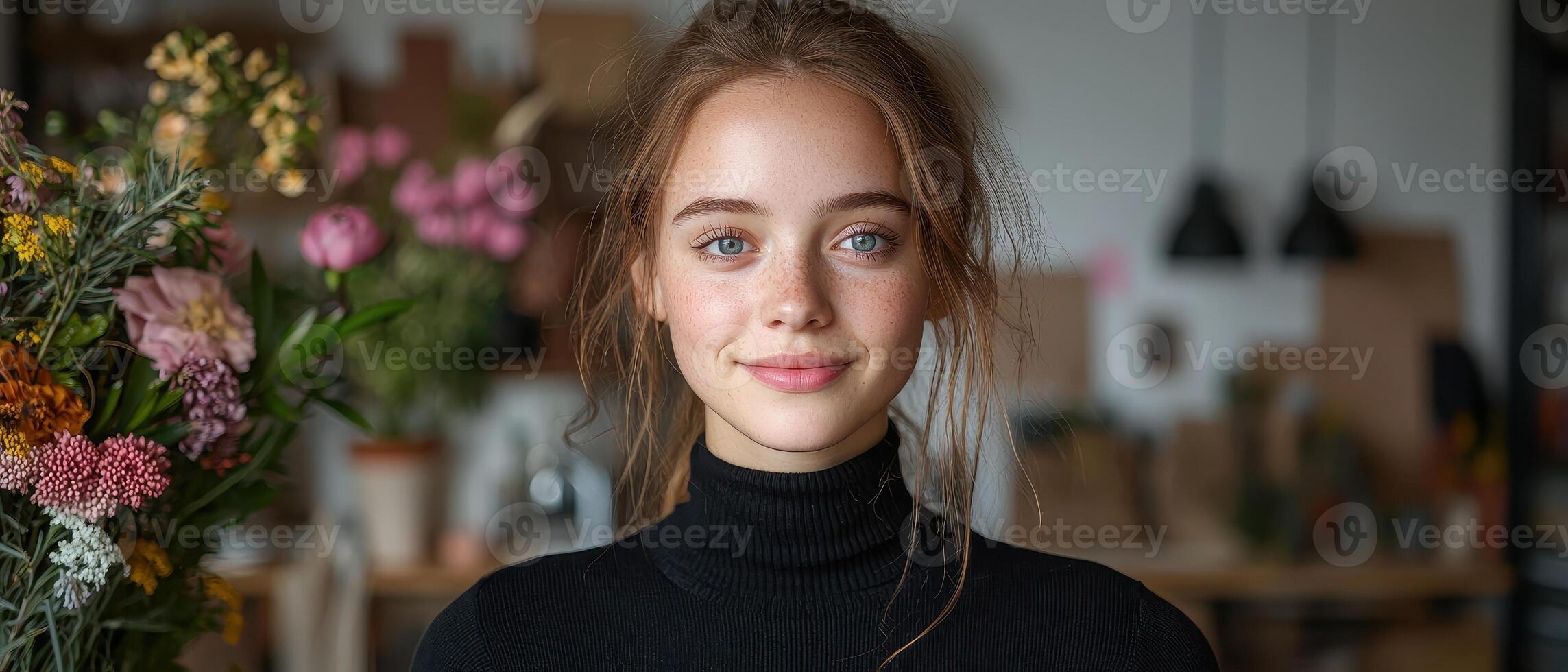 a woman is smiling in front of a bunch of flowers photo