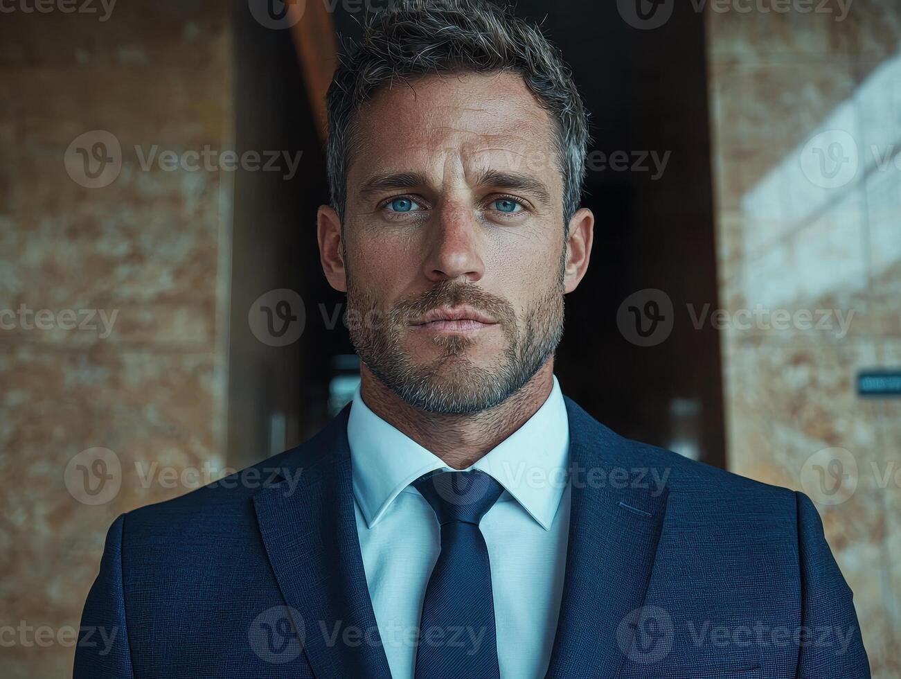 a man in a suit and tie standing in a hallway photo