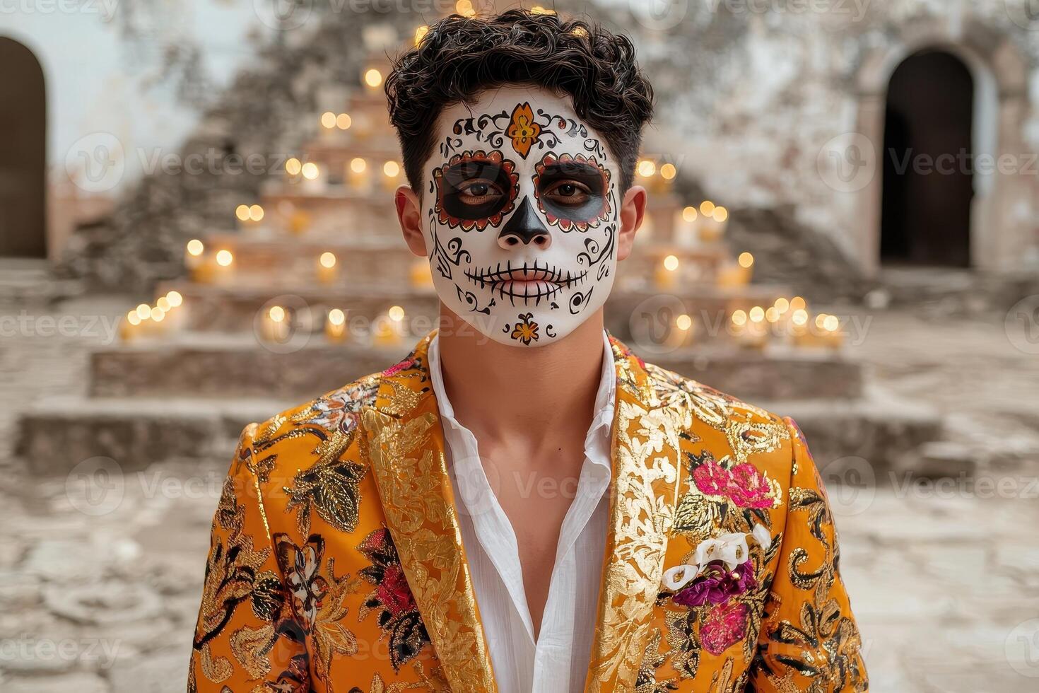 Man in ornate jacket with sugar skull makeup for Dia de los Muertos photo