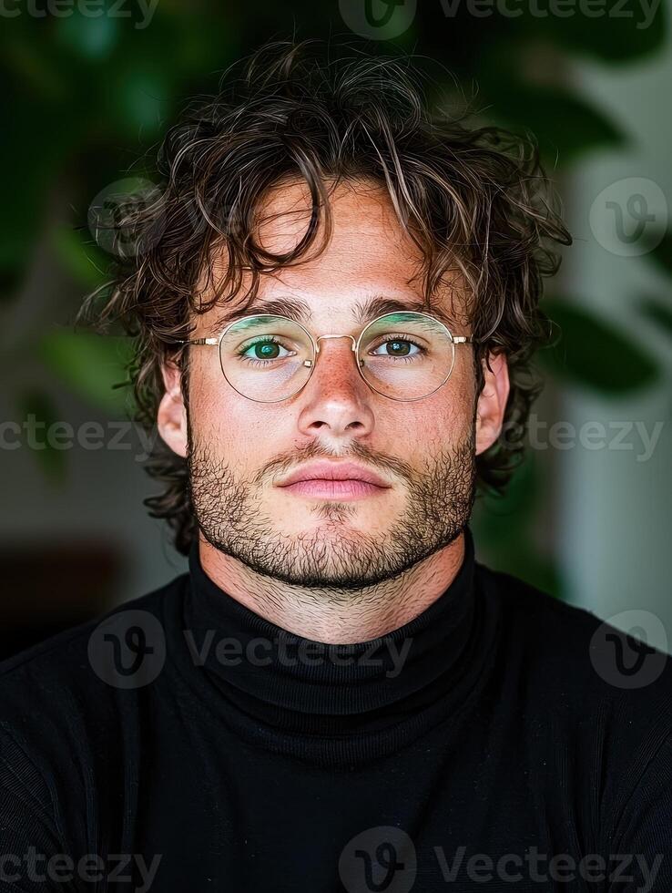 Portrait of a young man with curly hair and glasses photo