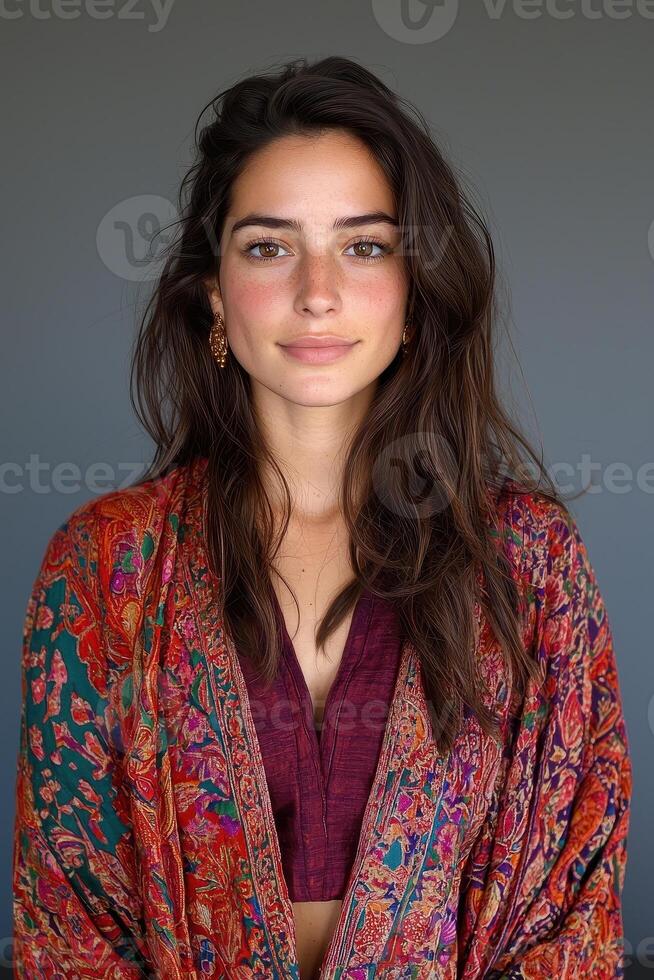 Beautiful woman with freckles smiling and wearing a patterned kimono photo