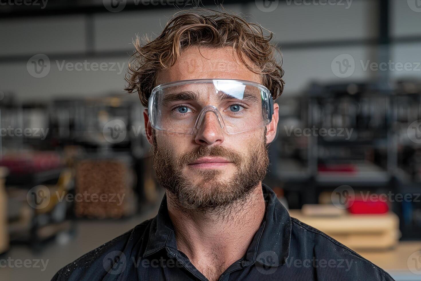 Portrait of a handsome young man wearing safety glasses in a factory photo
