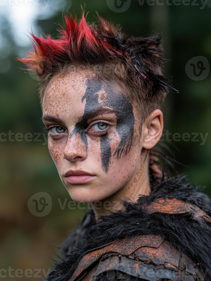 Fierce female warrior with red mohawk and face paint photo