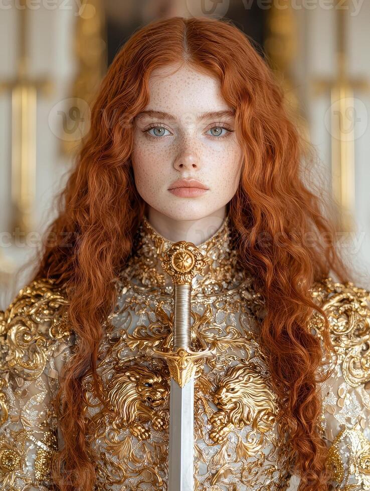 Portrait of a redhead woman in golden armor holding a sword photo