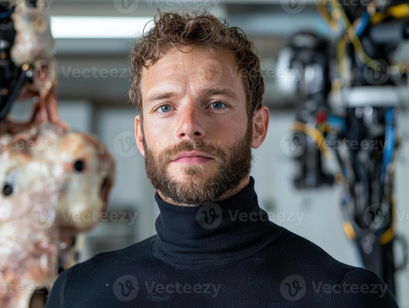 Portrait of a man in a turtleneck sweater, in a robotics lab photo