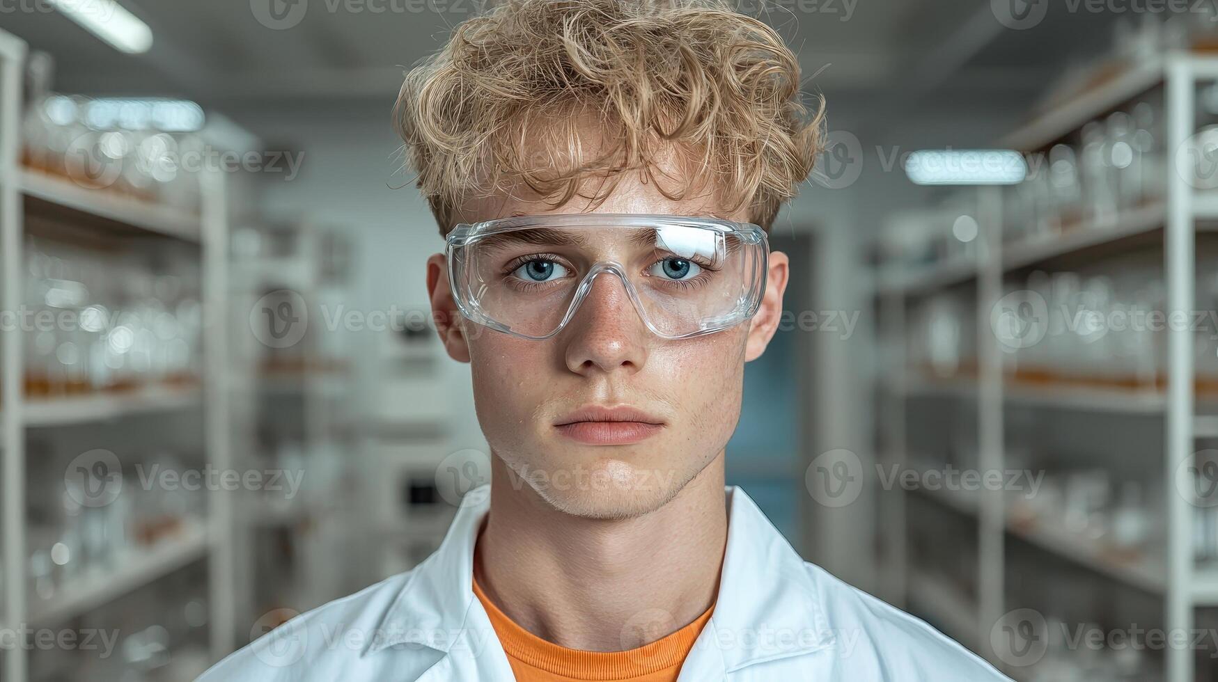 a young man in a lab coat and goggles photo