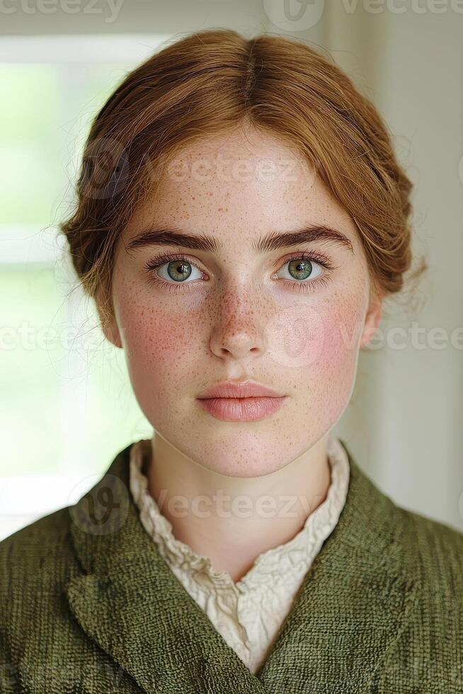 a young woman with freckles and a green jacket photo