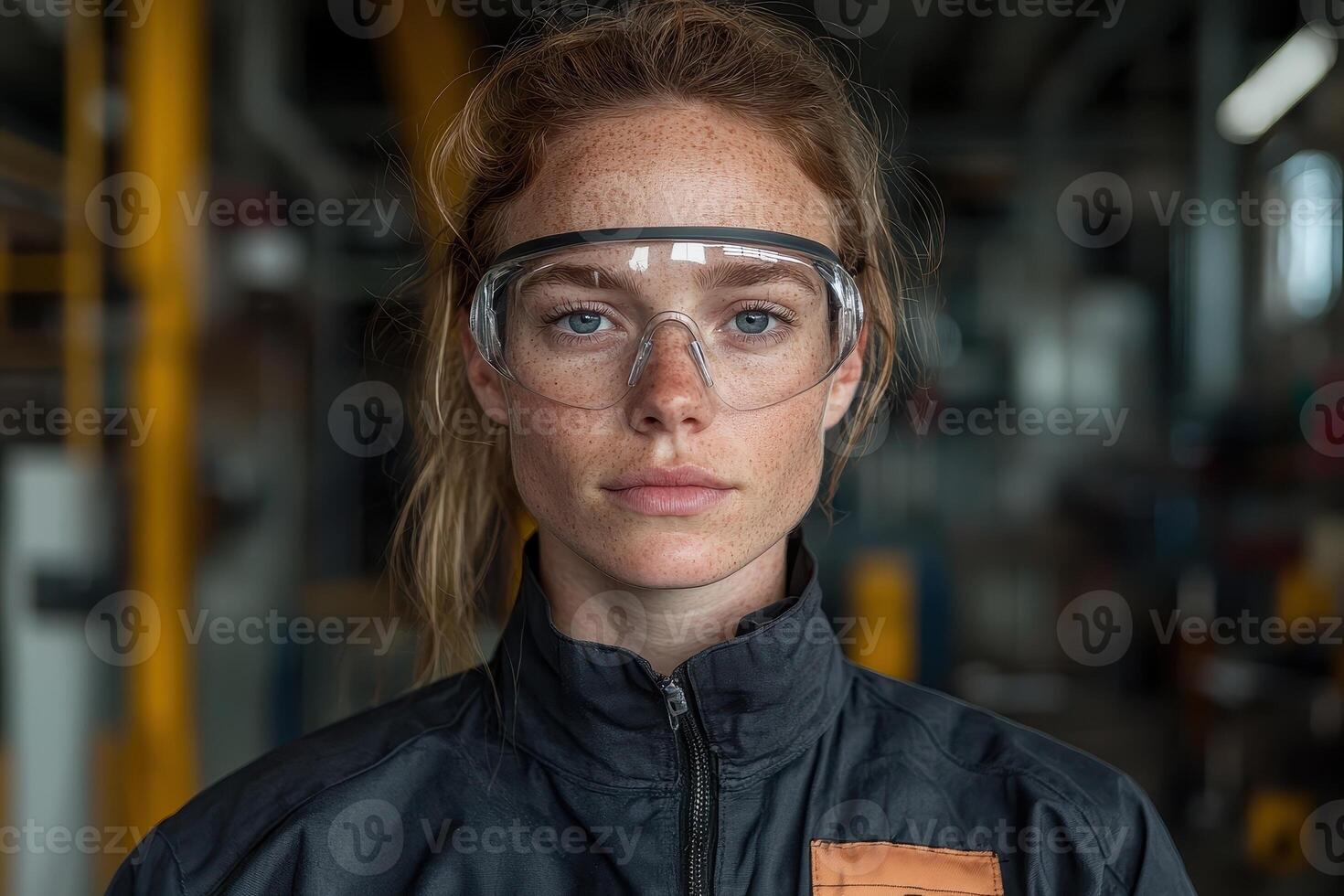 Portrait of a young female engineer wearing safety glasses in a factory photo