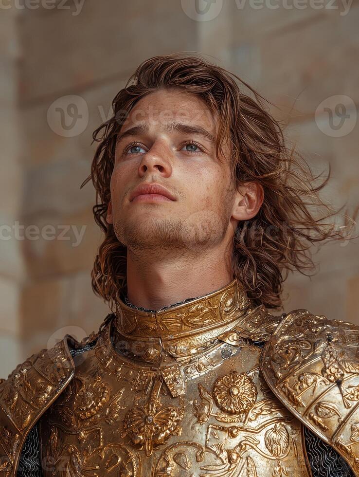 Portrait of a young man in golden armor photo
