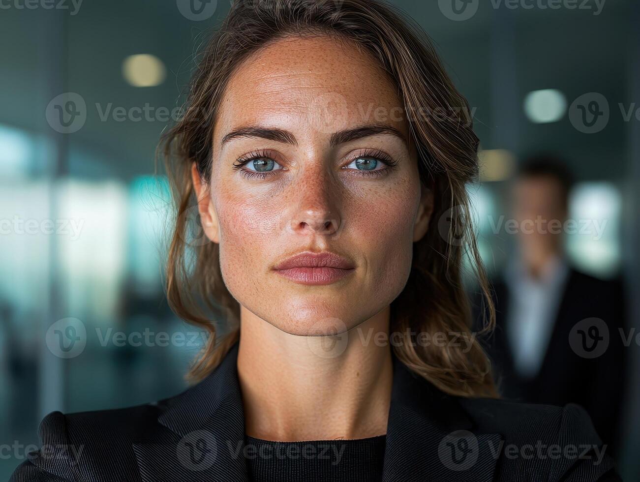 a woman in a business suit standing in front of a group of people photo