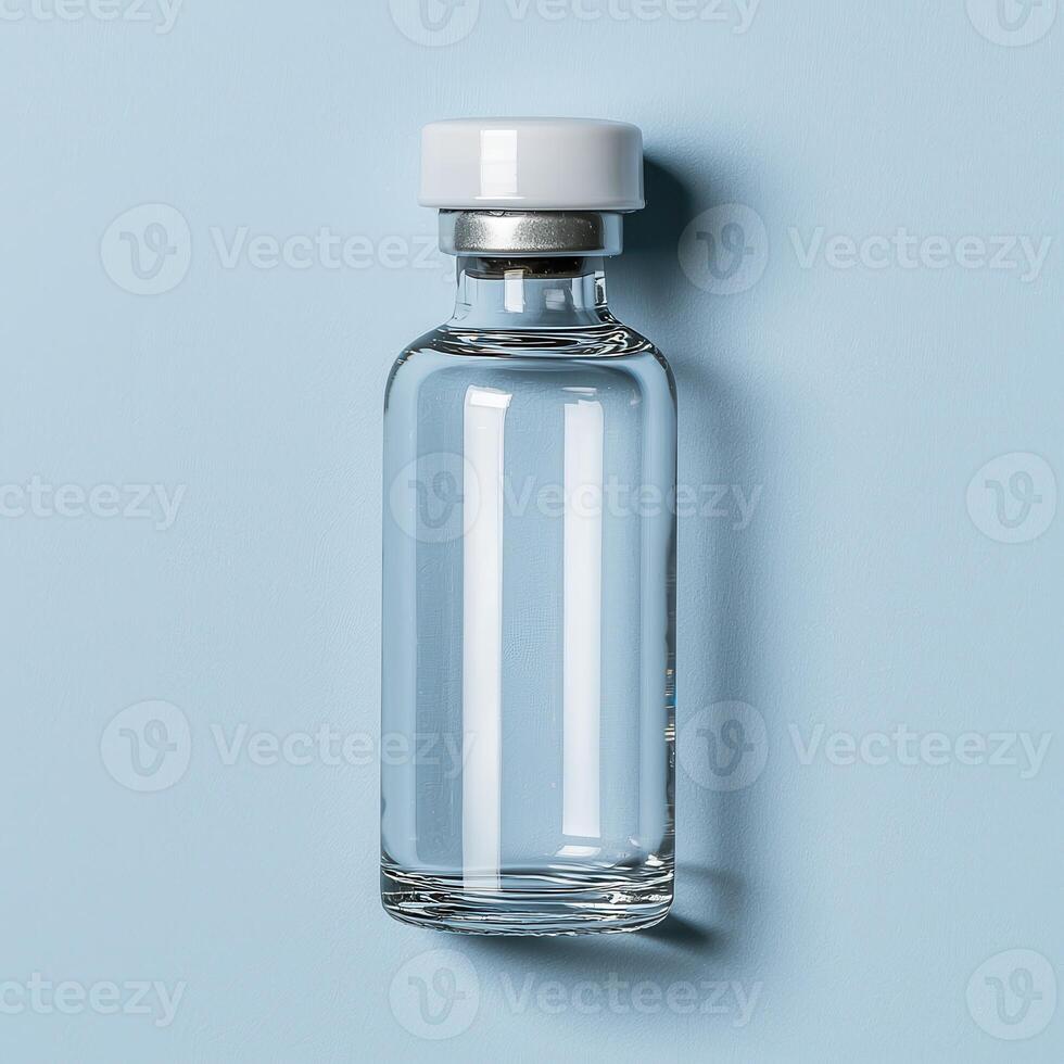 Glass vial with a white cap on a blue background photo