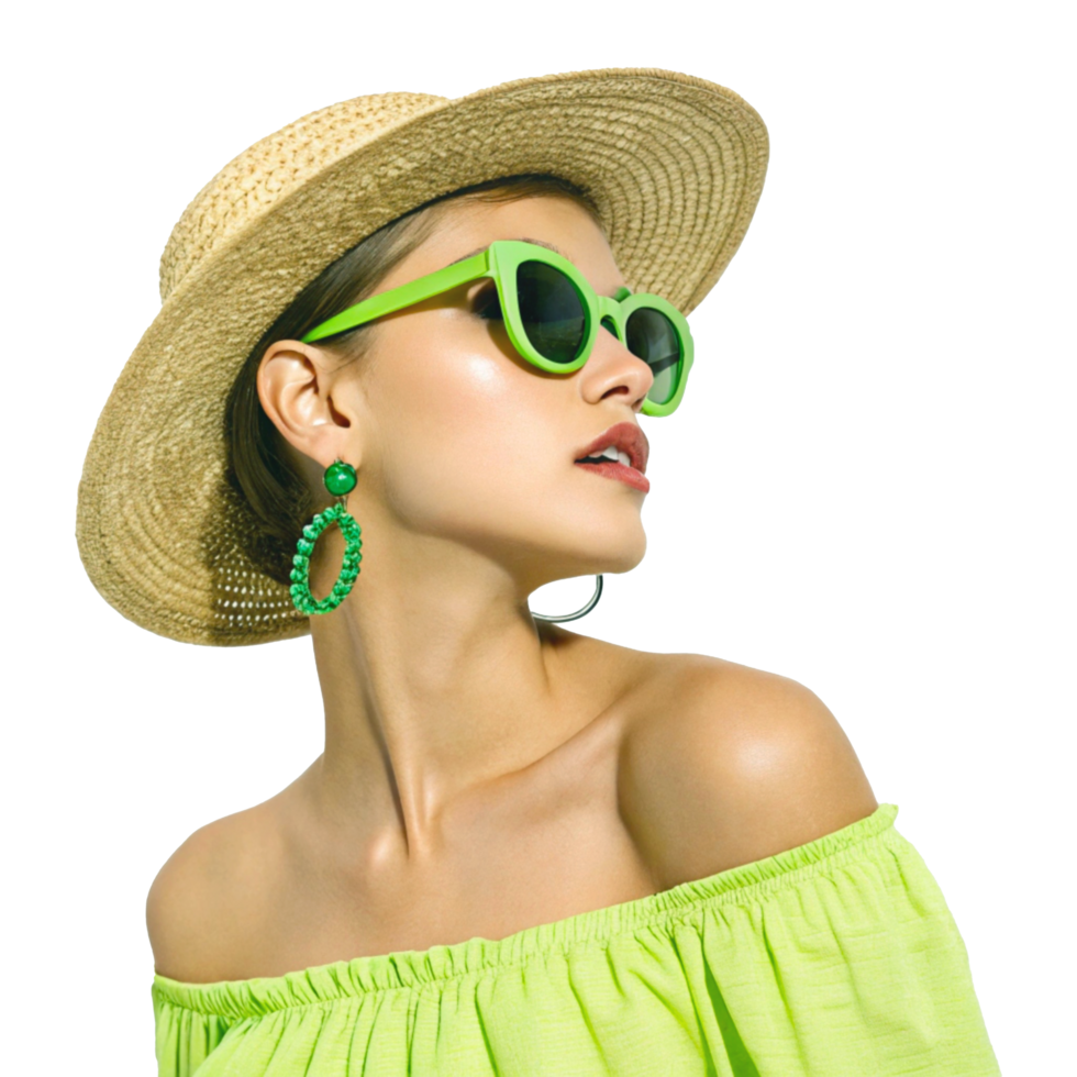 Summer Fashion with Lime Green Off-Shoulder Top and Straw Sun Hat png